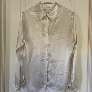 Champagne Satin Button Front Blouse Long Sleeve Collared Top Size M